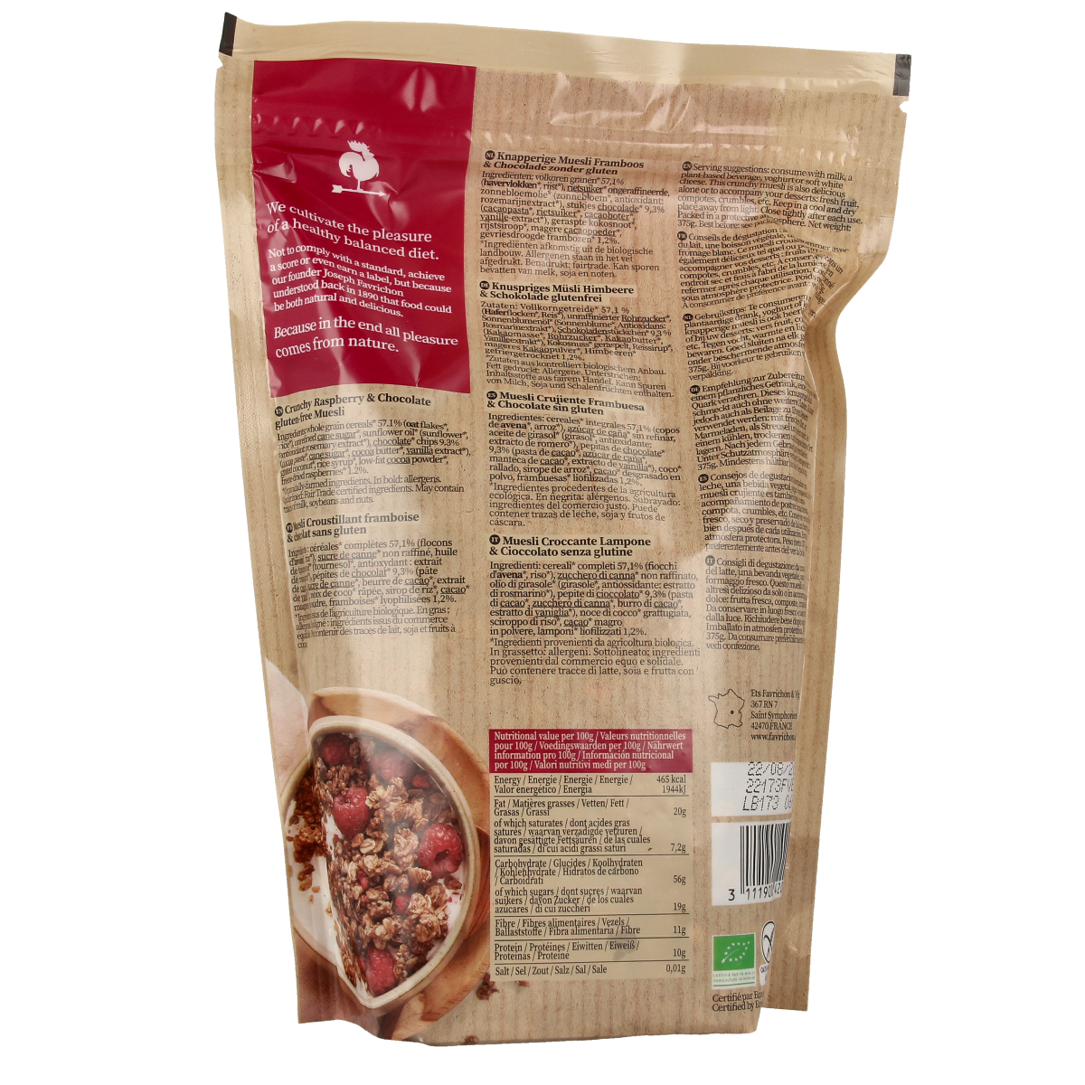 Favrichon Framboos & chocolade crunchy muesli bio 375.00 Gram