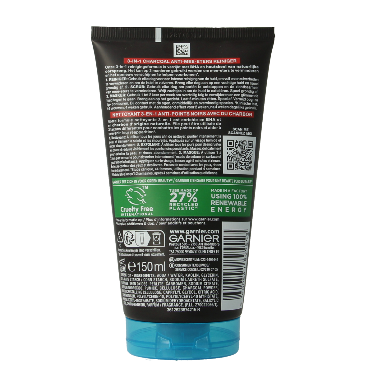 Garnier SkinActive  pure active 3-in-1 charcoal reiniging 150.00 Milliliter