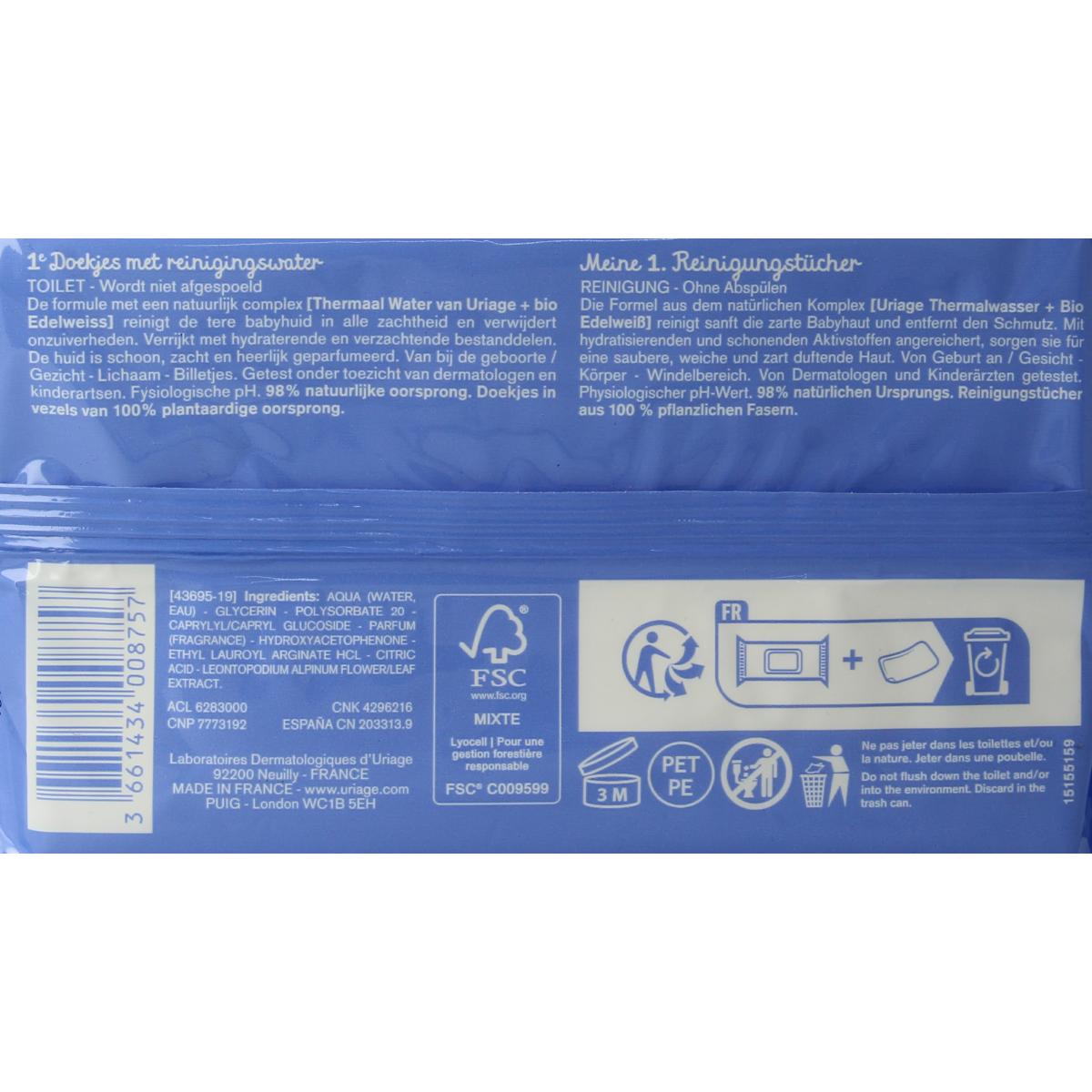 Uriage Bebe 1ere eau lingettes nettoyantes 1.00 Stuks