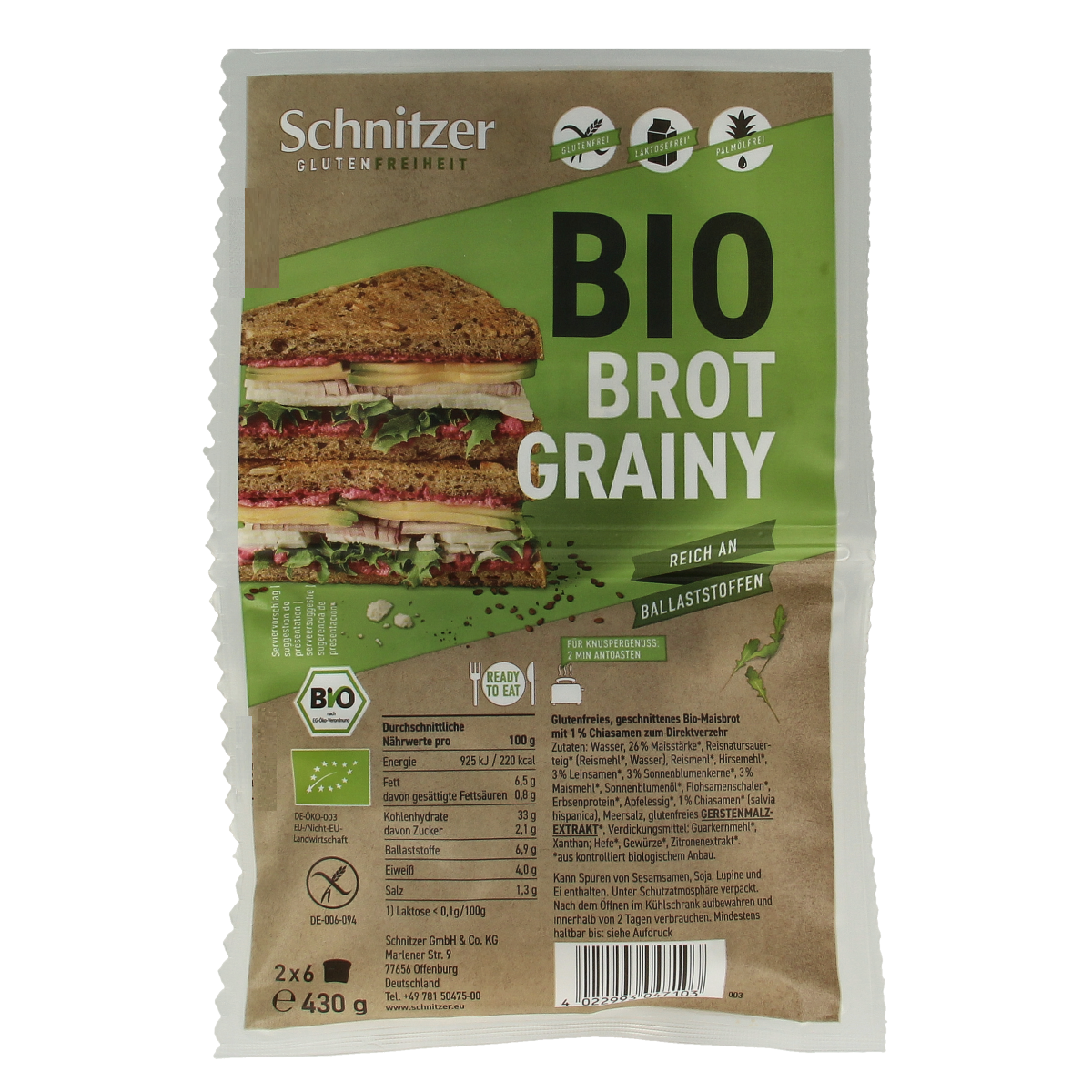 Schnitzer Bread'n toast grainy glutenvrij bio 430.00 Gram