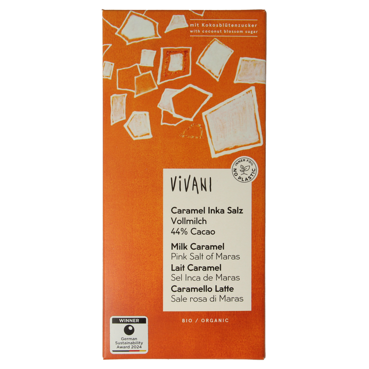 Vivani Chocolade melk car. zeezout kokosbloesemsuiker bio 80.00 Gram