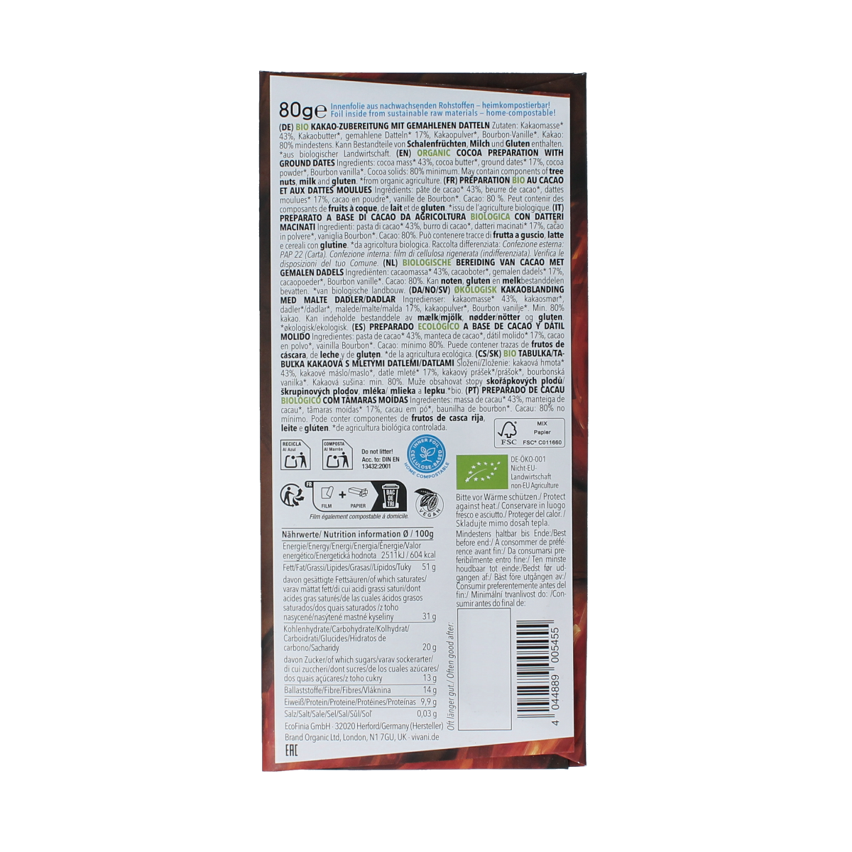 Vivani Fine dark date sugar 80% cacao bio 80.00 Gram