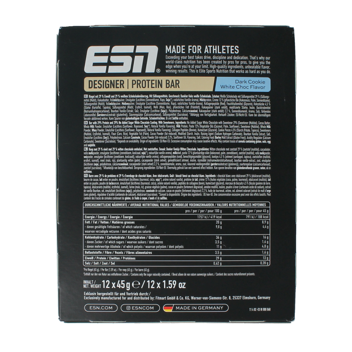 ESN Dark cookie white chocolate bar 45g 12.00 Stuks