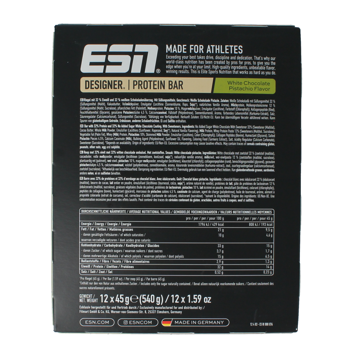 ESN White chocolate pistache bar 45g 12.00 Stuks