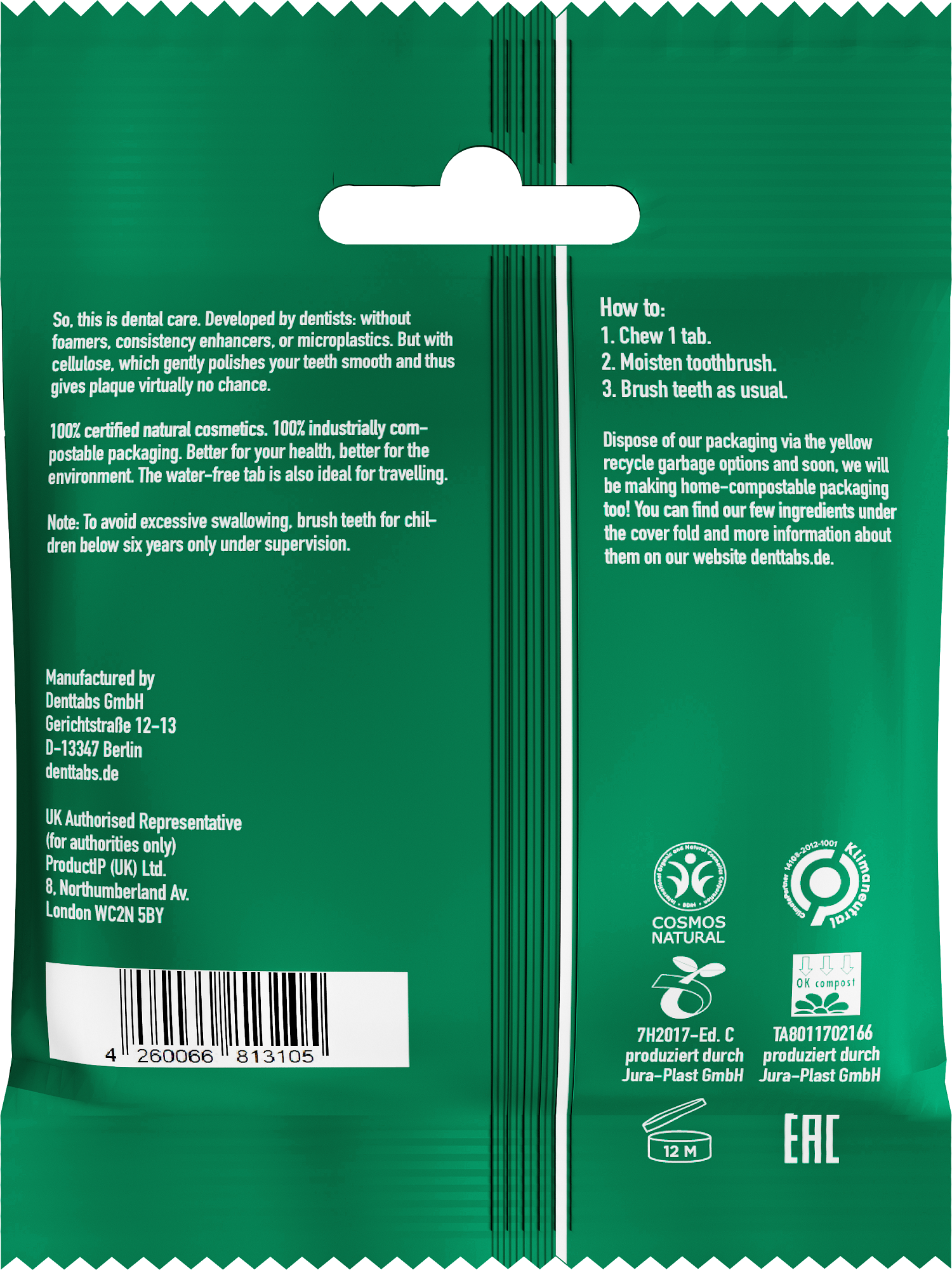 Denttabs Tandpasta tabletten munt zonder fluor vegan 125.00 Stuks