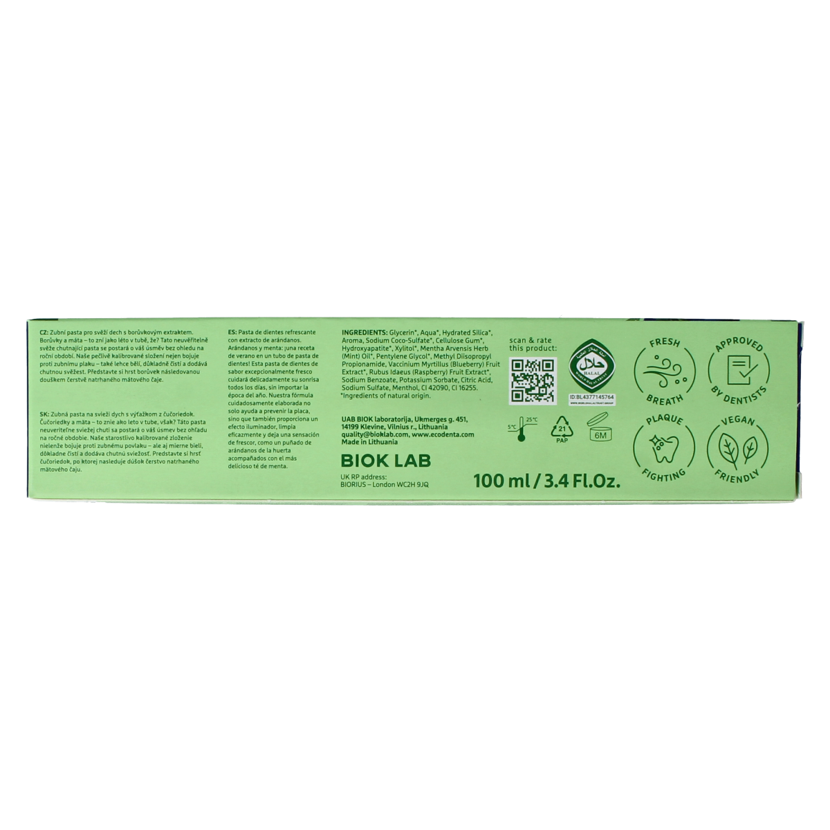 Ecodenta Tandpasta fresh breath bosbessenextr green line 100.00 Milliliter