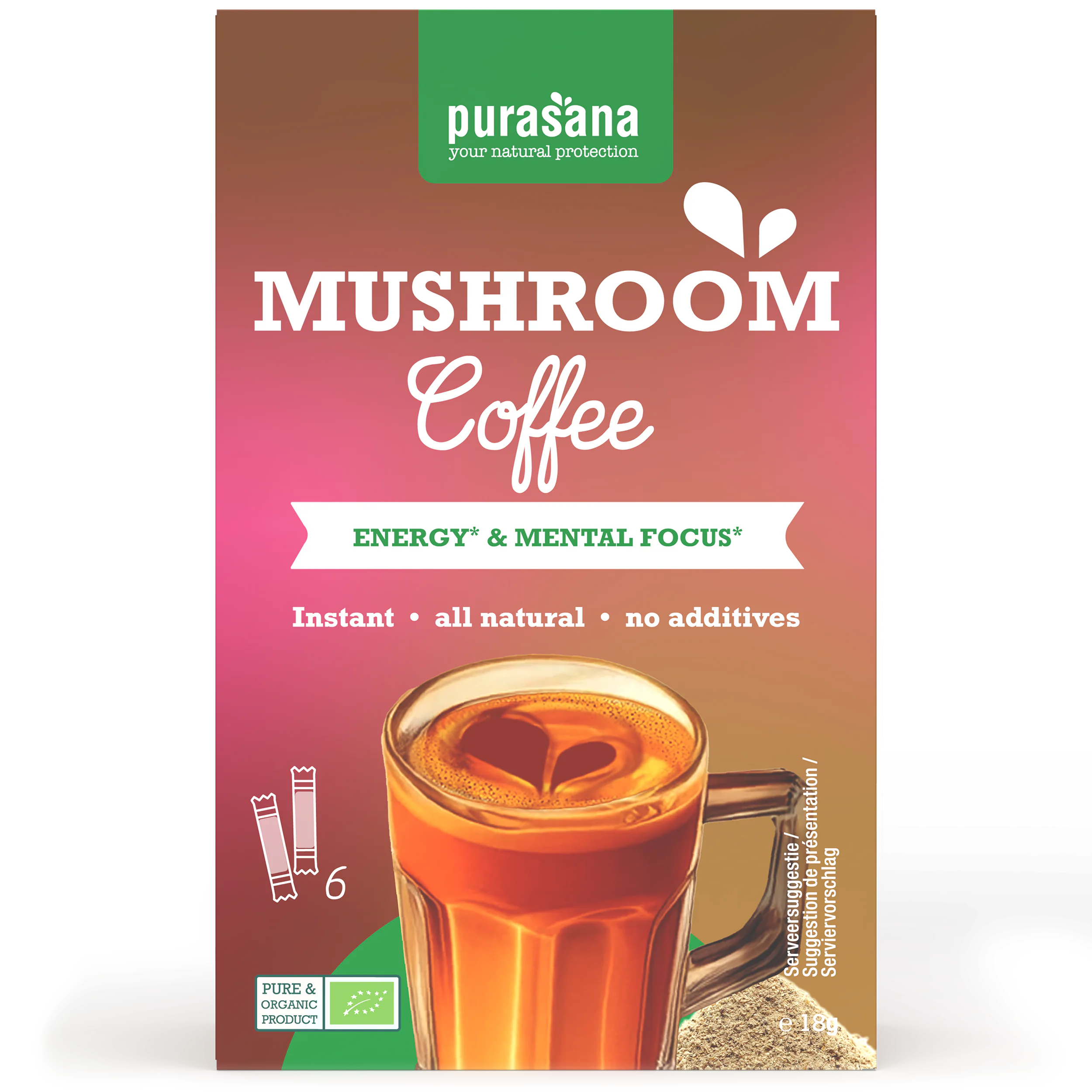 Purasana Instant mushroom coffee 6x3g organic 18 Gram