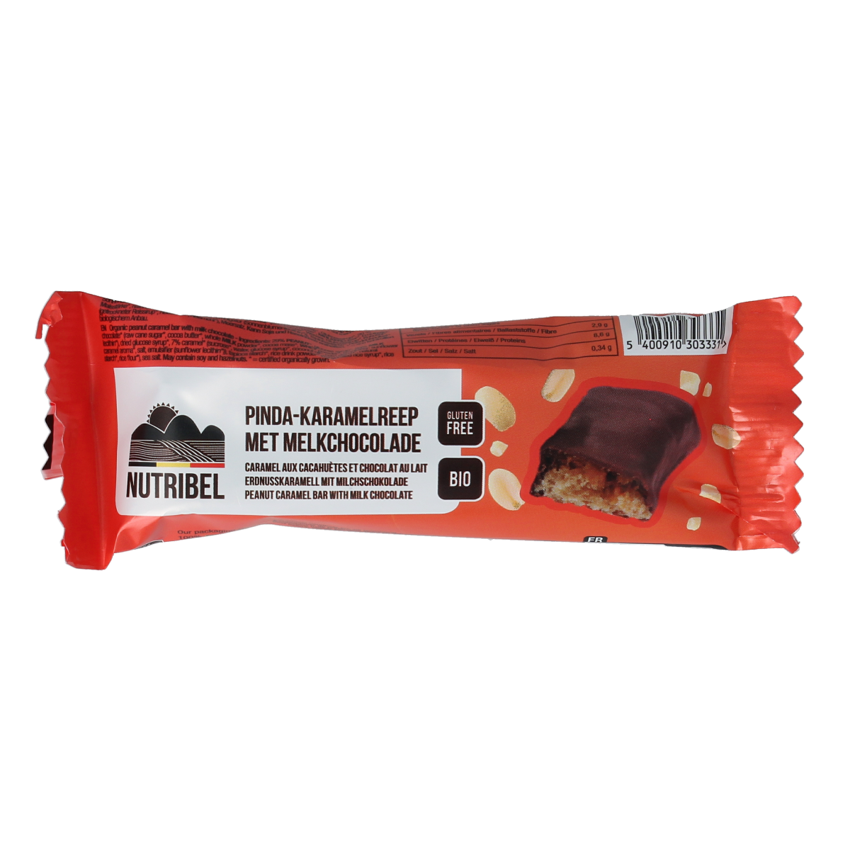 Nutribel Pinda karamel reep melkchocolade bio 40.00 Gram