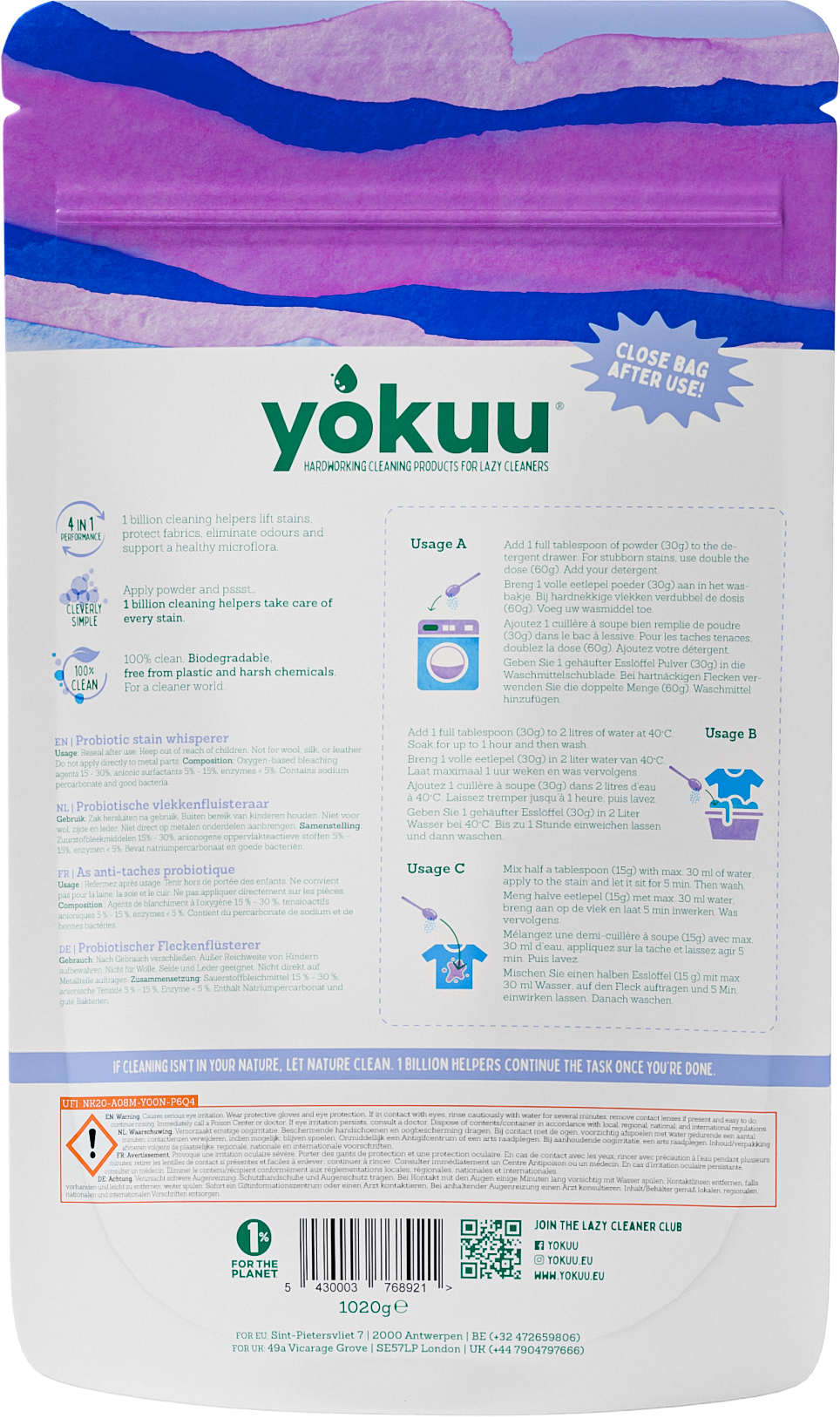 Yokuu 4-in-1 probiotische vlekkenfluisteraar witte was 1020.00 Gram