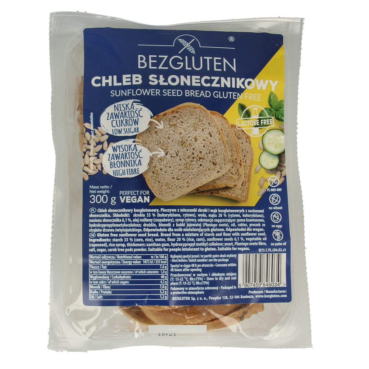Bezgluten Zonnebloempittenbrood gesneden glutenvrij 300.00 Gram
