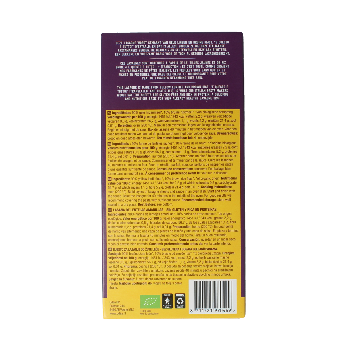 Your Organic Nature Lasagne van gele linzen bio 250.00 Gram