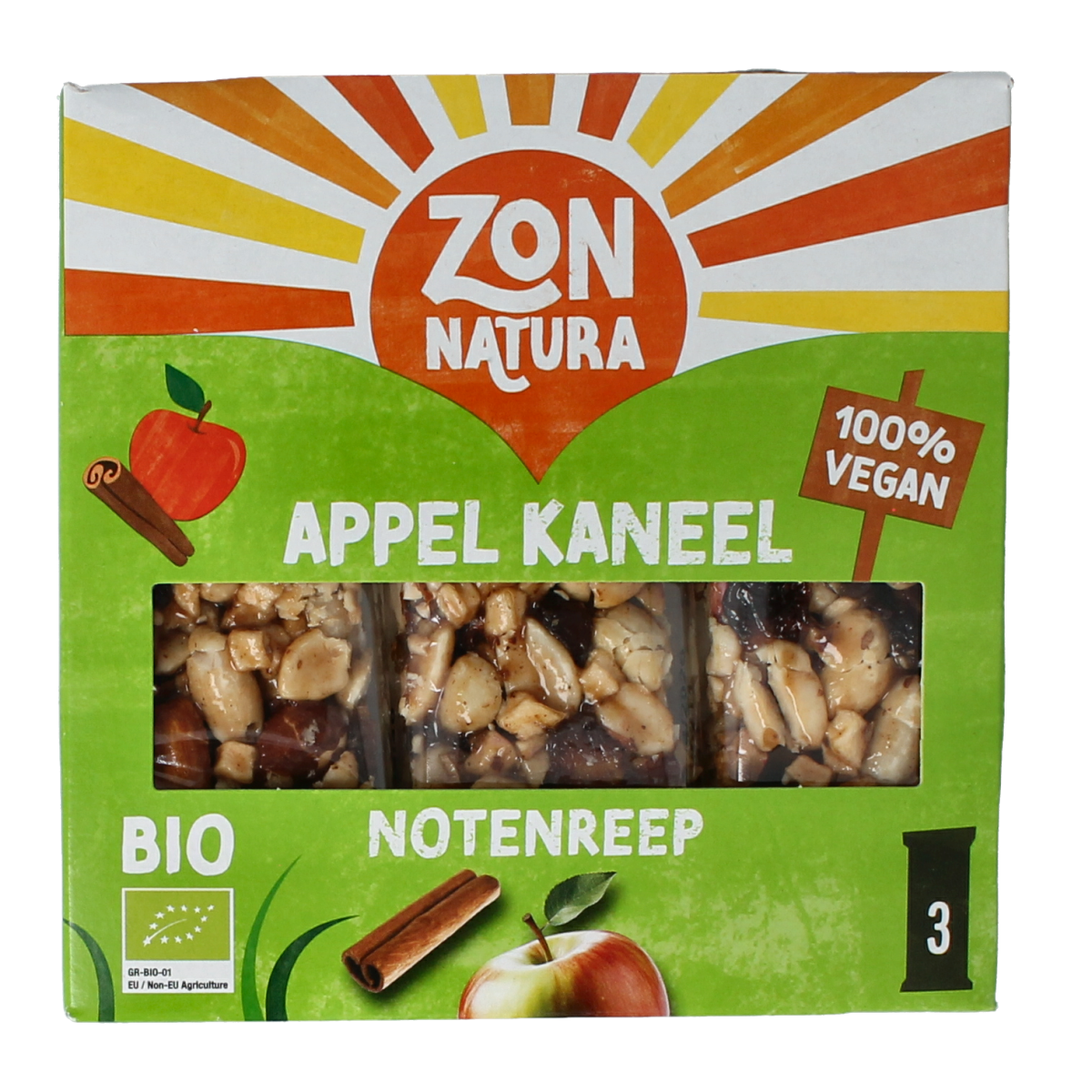Zonnatura Noten appel kaneel reep 3x25 gram bio 75.00 Gram