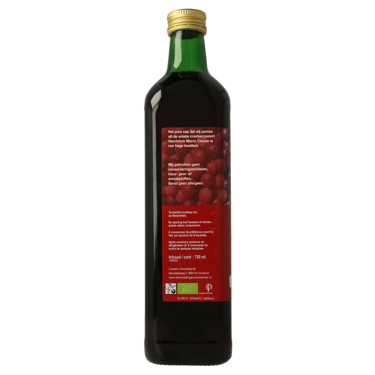 Terschellinger Cranberrysap gezoet bio 750.00 Milliliter