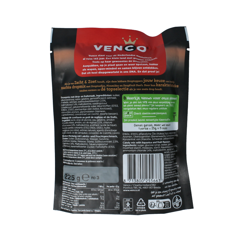 Venco Droptoppers zacht zoet 225 Gram