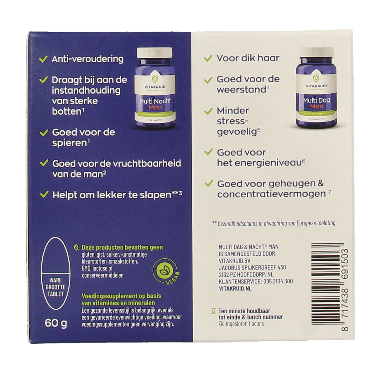 Vitakruid Multi Dag & Nacht Man 100% Vegan 2 x 30 60.00 Tabletten