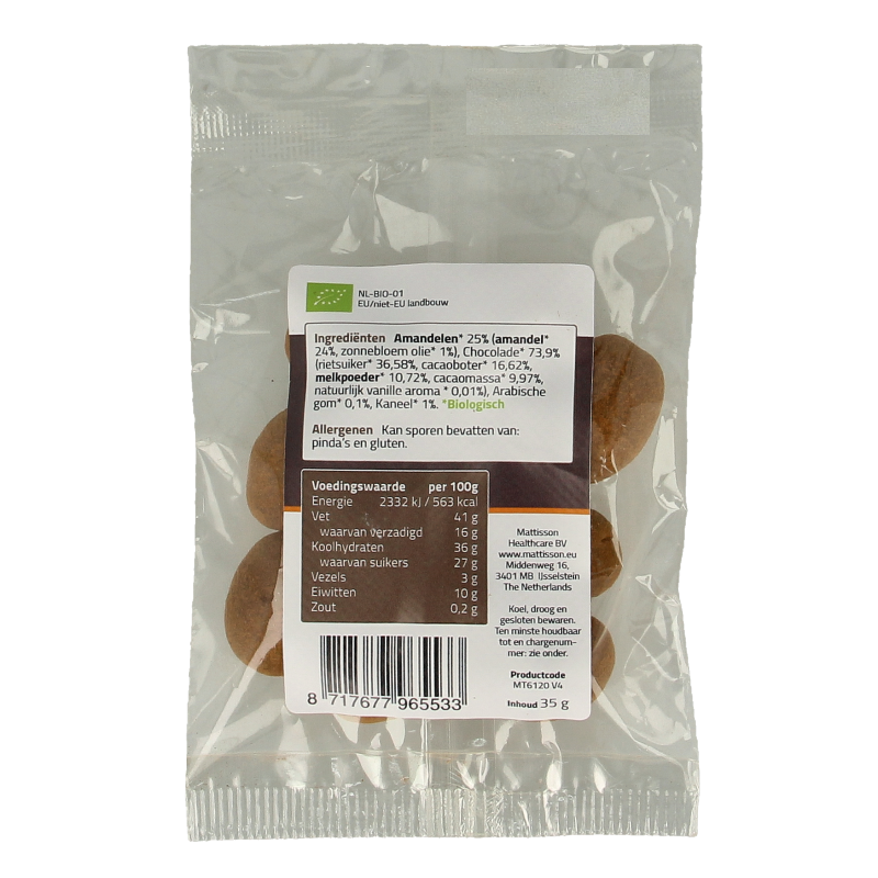 Mattisson Amandelen kaneel snack pure chocolade bio 35 Gram