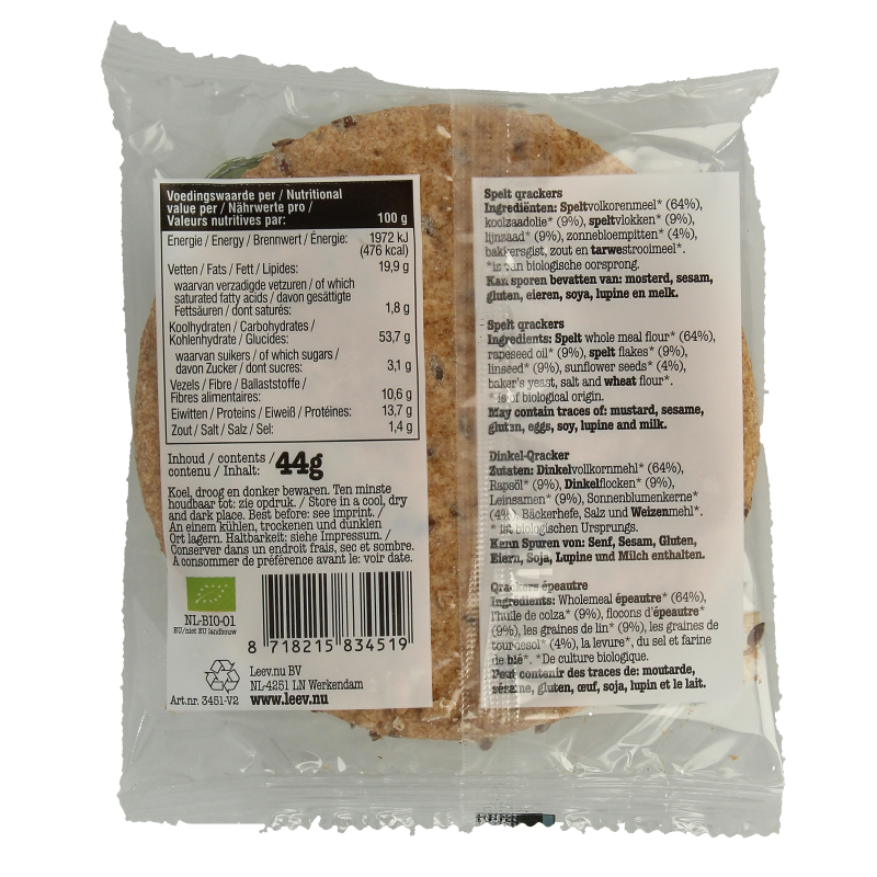 Leev Spelt qrackers volkoren & lijnzaad bio 44 Gram