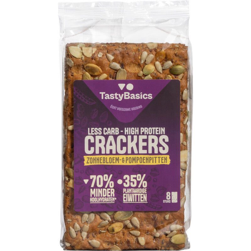 TastyBasics Less carb-high protein crackers zonnebl/pompoenpit 200.00 Gram