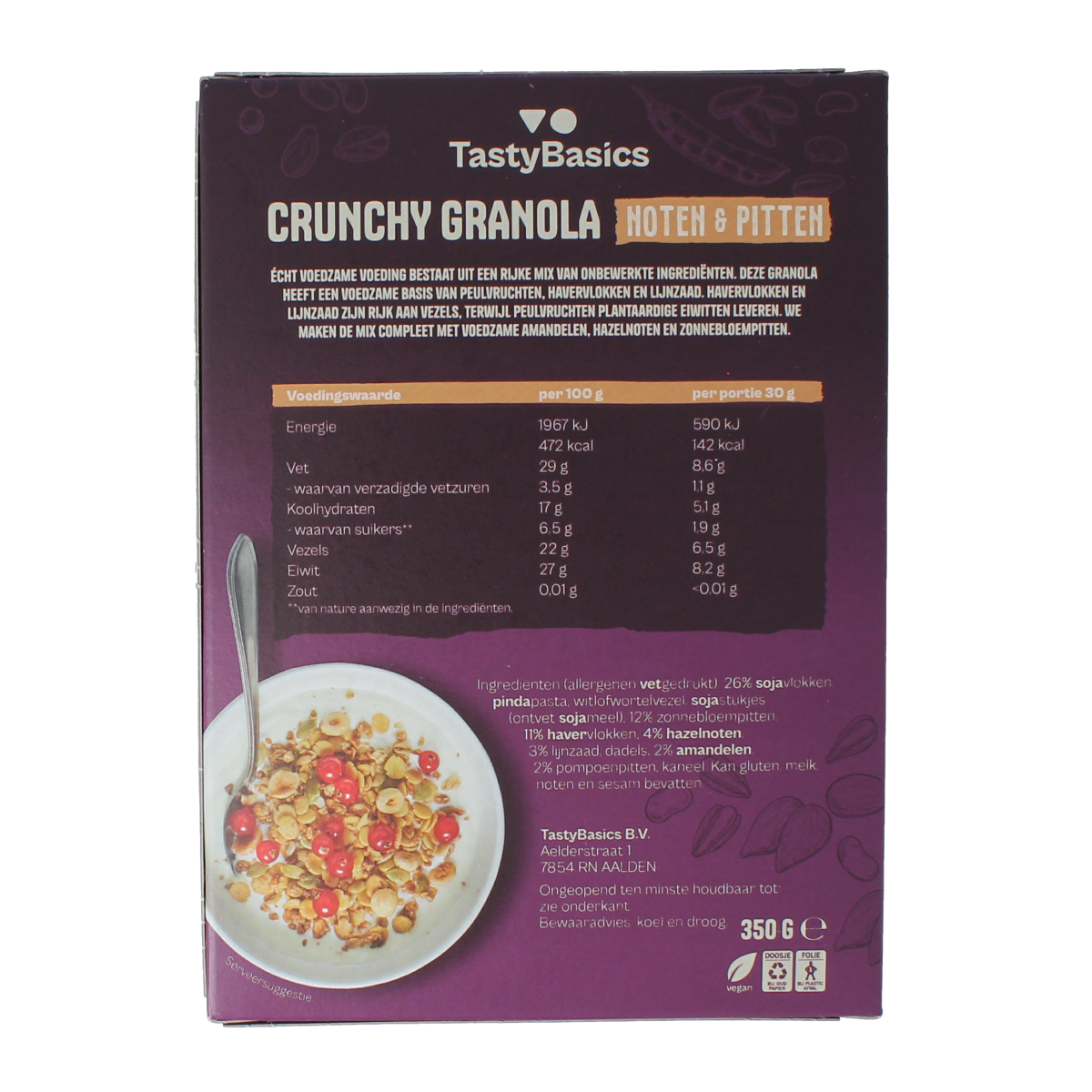 TastyBasics Less carb-high protein granola noten & pitten 350.00 Gram