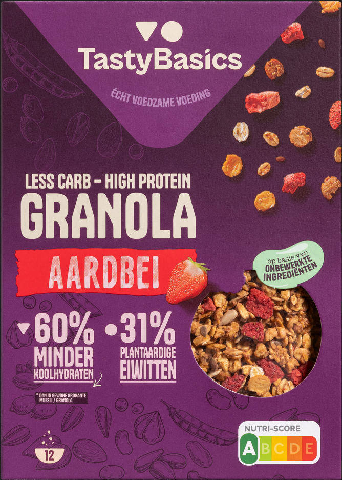 TastyBasics Less carb-high protein granola aardbei 350.00 Gram