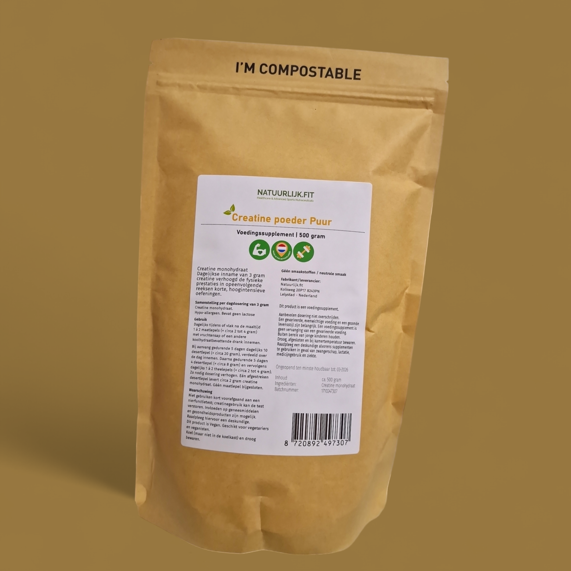 Natuurlijk.fit Puur creatine 500.00 Gram